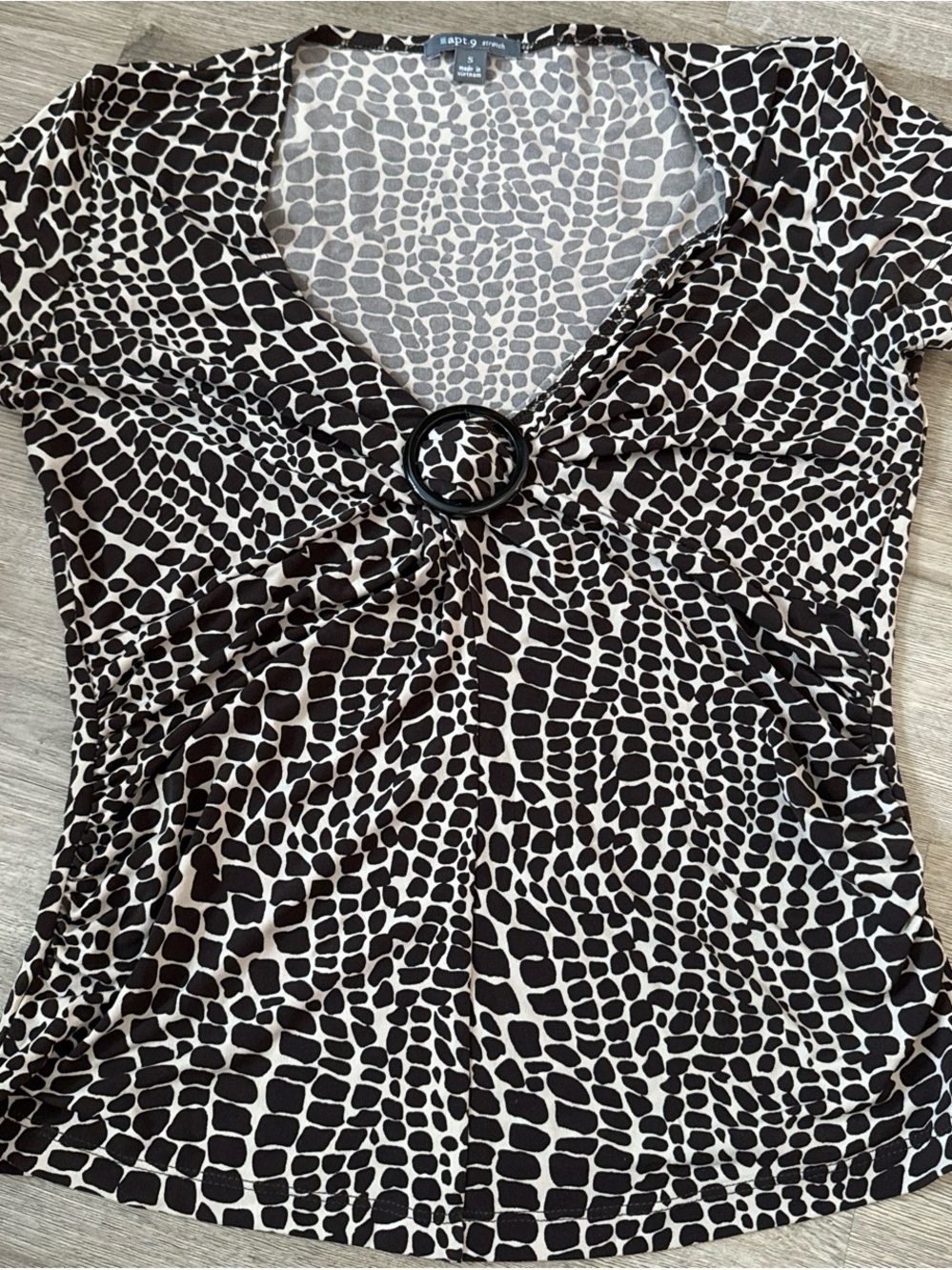 Apt. 9 Black and White Animal-Print Ring-Front Short Sleeve Top
